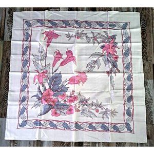 Vintage Thai Silk Scarf Square White Gray Pink Iris Large Thailand 35"